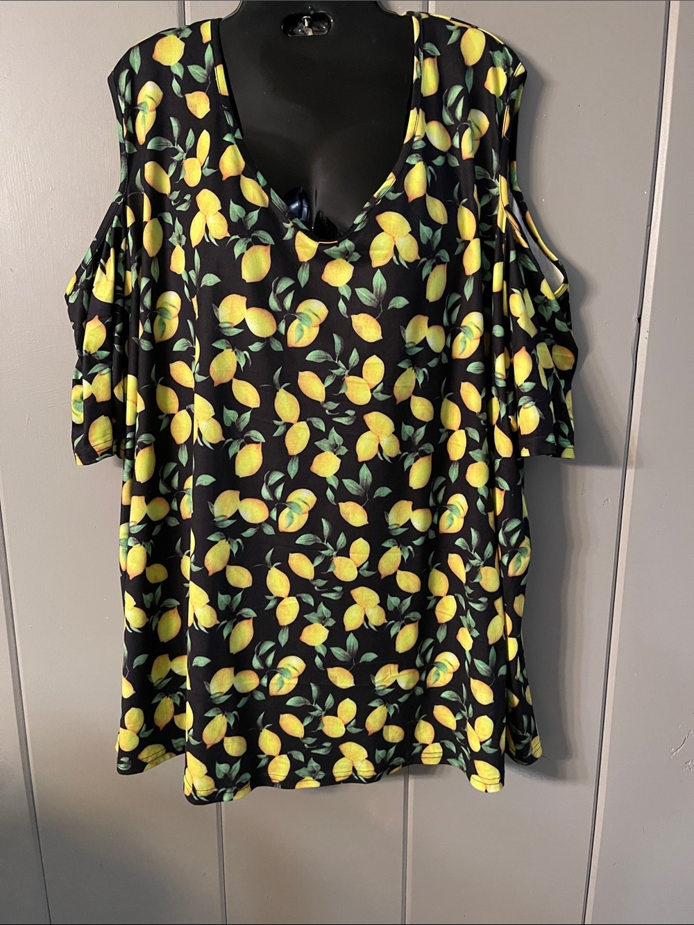 Allegrace  Blouse Top Black Yellow Lemon Cold Shoulder 4X Whimsical Casual Boho